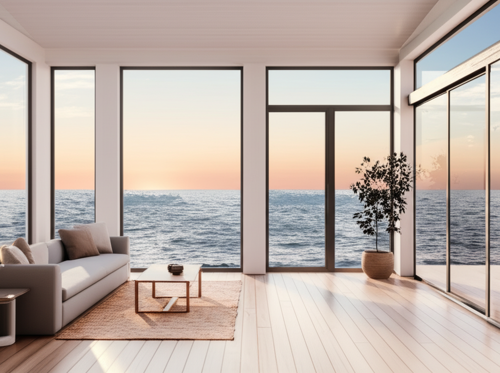 Minimalist living room with clean lines and natural light